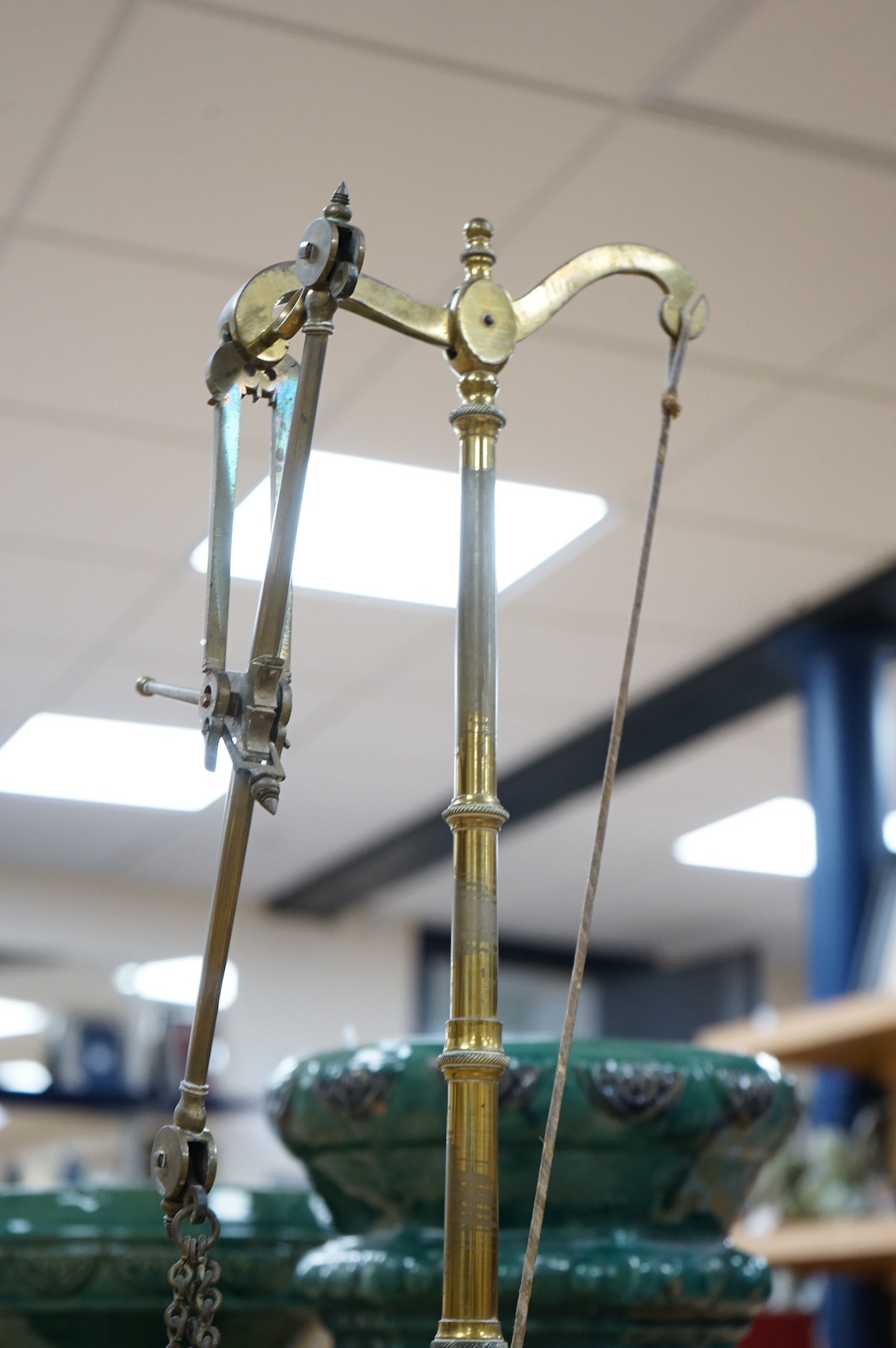 A set of Victorian brass balance scales, Degrave, Short Fanner & Co. London, 67cm high. Condition - fair